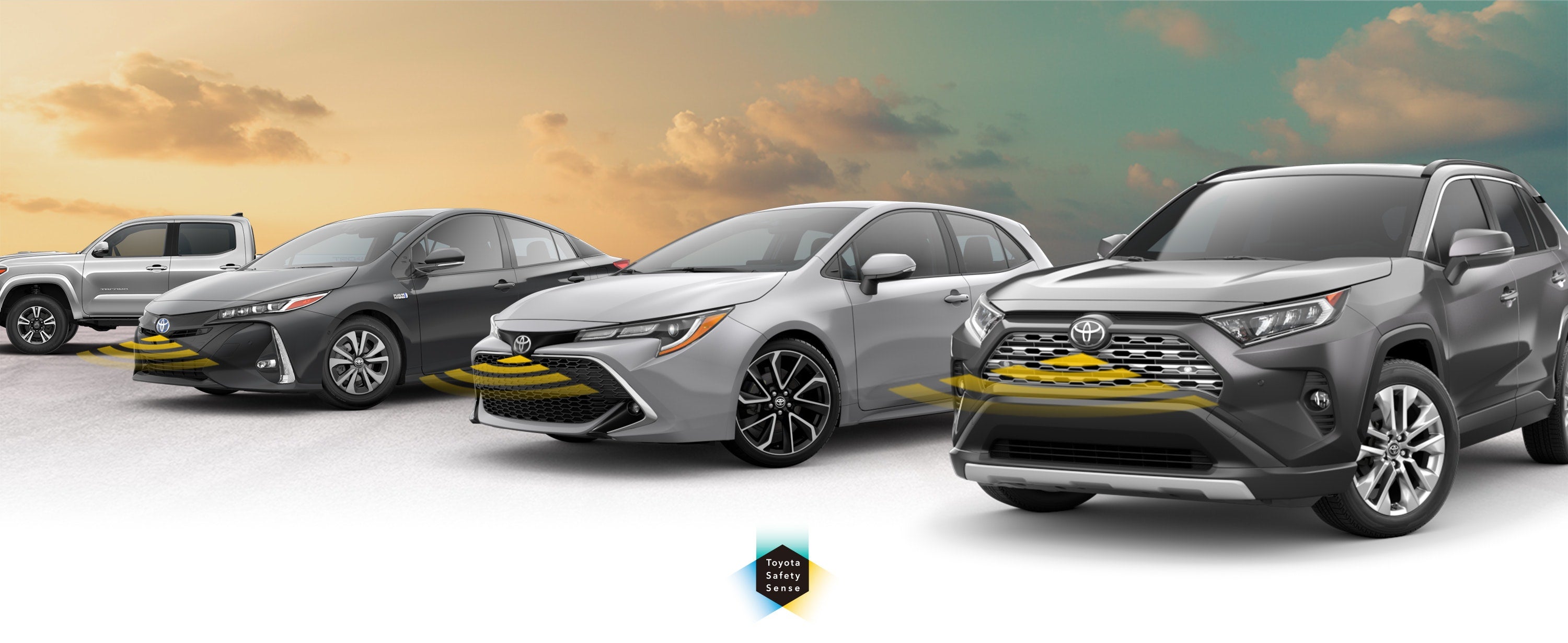 Toyota Safety Sense: Designed for Safety. Options shown on Toyota models including RAV4, Tacoma, and Camry, available now at Perry Motors Toyota in Bishop CA.