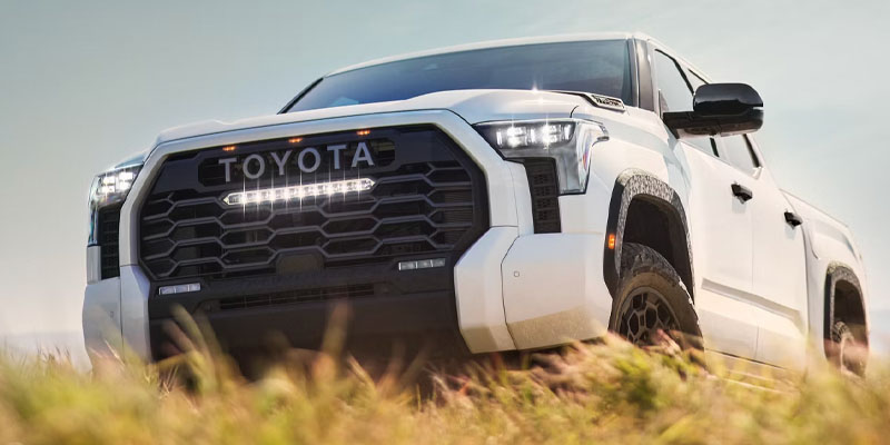 White Toyota Tundra parked in a field of tall grass.